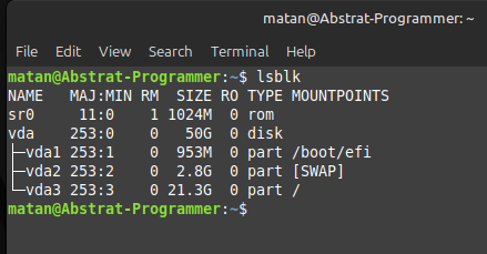 lsblk command output showing disk and partition details