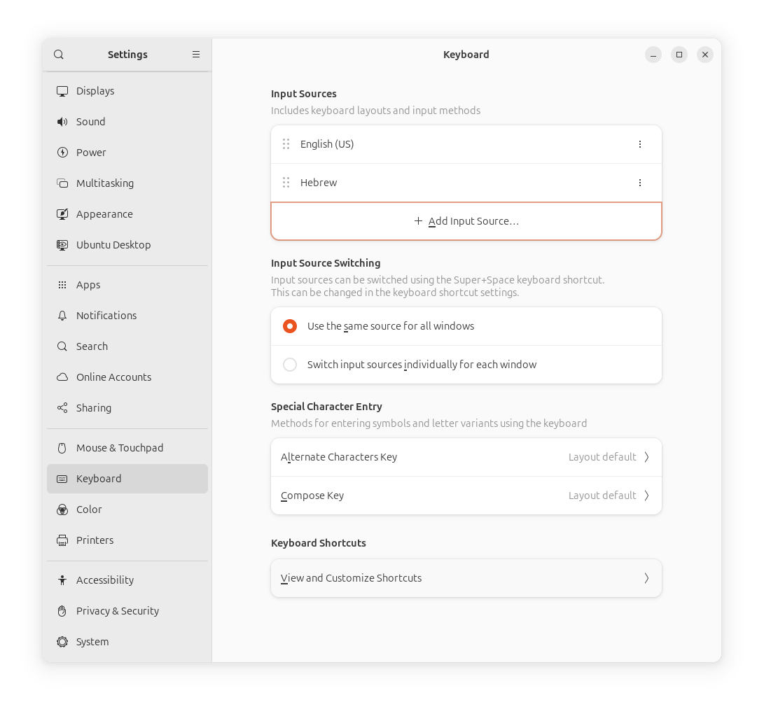 Input Sources Settings