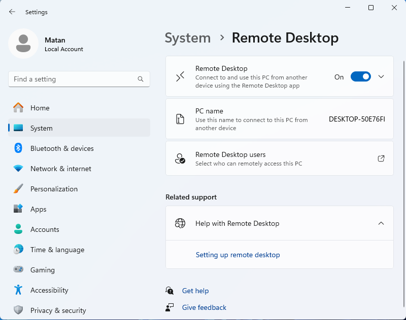 Remote Desktop Settings